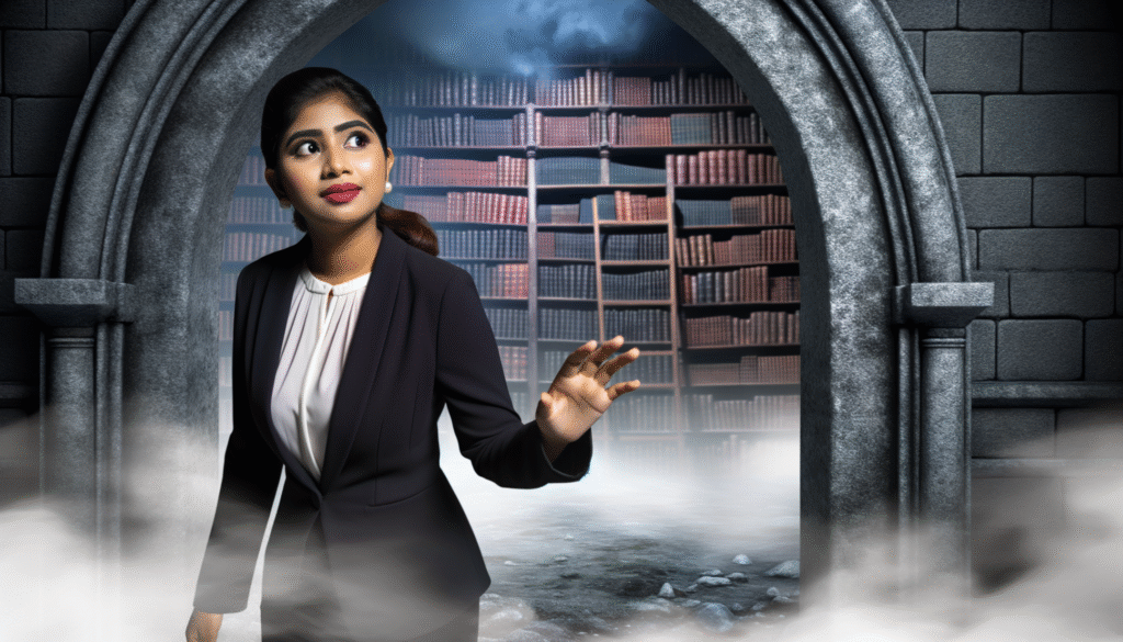 alt_text: Ethereal mist surrounds a hidden stone library as a young woman beckons to uncover lost stories.