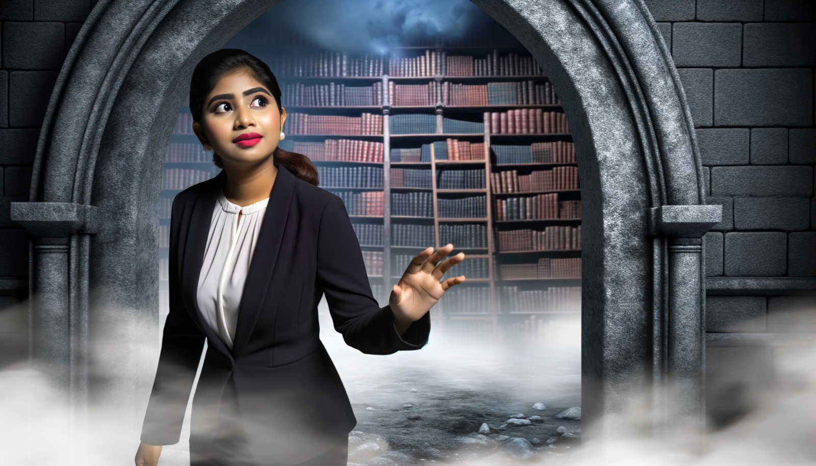 alt_text: Ethereal mist surrounds a hidden stone library as a young woman beckons to uncover lost stories.